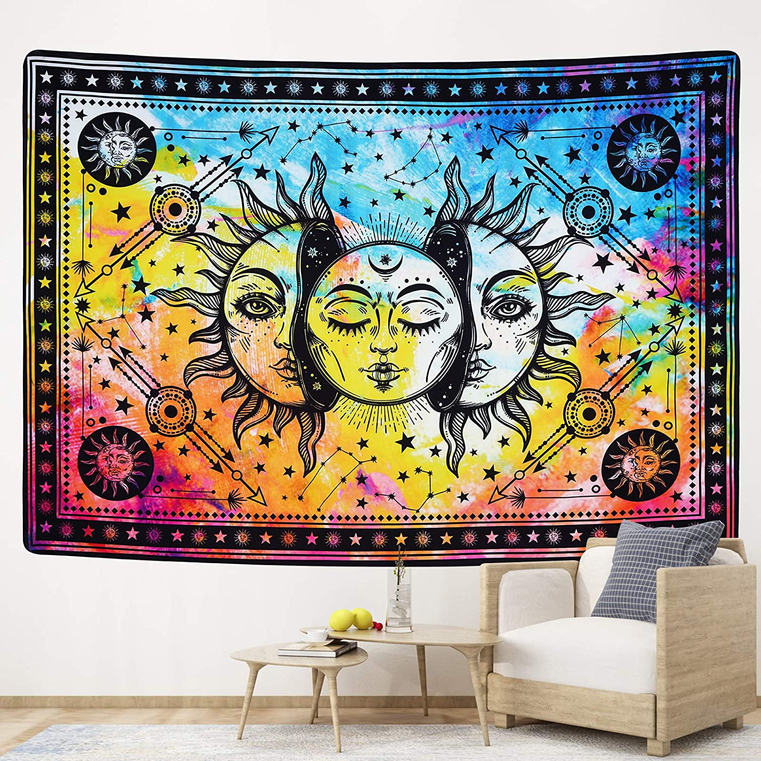 Sun and Moon Tapestry Burning Sun Tapestry Colorful Starry Tapestry Psychedelic Mystic Tapestry Wall Hanging for Room 51.2 x 59.1 inches