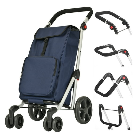 LEUYA ABC Grocery Trolley, 6 Wheel Shopping Trolley, 46L Aluminium Shopping Cart with Insulated Cooling Bag, Adjustable Handle, Folding Shopping Trolley (Blue)