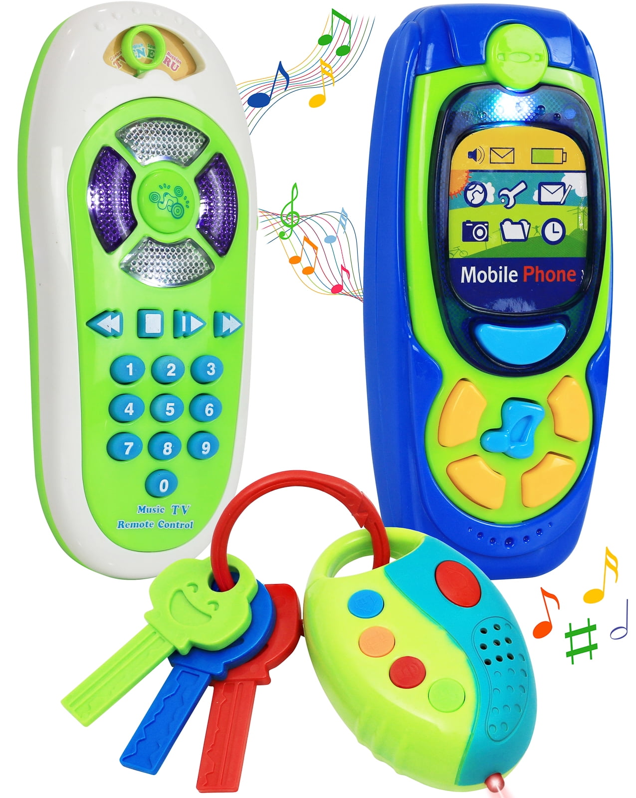 Click N' Play Pretend Play Cell Phone Toy and Car Key Accessory Playset for Kids, Lights, Music