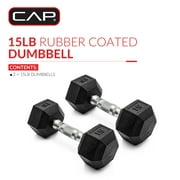 CAP Barbell, 15lb Coated Rubber Hex Dumbbell, Pair (No-Roll Design, Ergonomic Steel Handle, Durable Coated Weight)