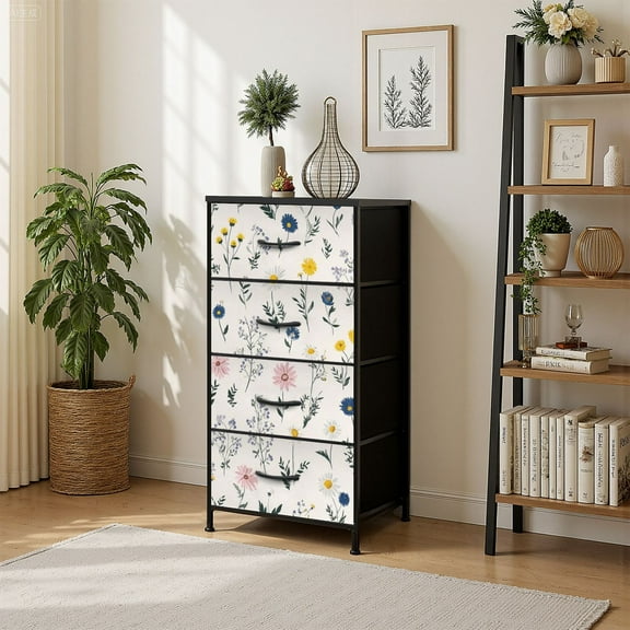 4 Drawer Vertical Storage Dresser Meadow wildflower Boho botanical floral Delicate herb with Wood Top Fabric Pull Drawers