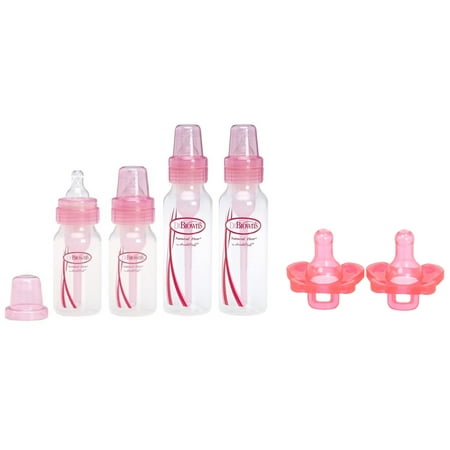 Dr. Browns Pink Bottles 4 Pack (2 - 8 oz bottles) and (2 - 4 oz bottles) + Pacifiers, Silicone, Same Shape As Bottle Nipple, 0M+, Pink, 2 Count