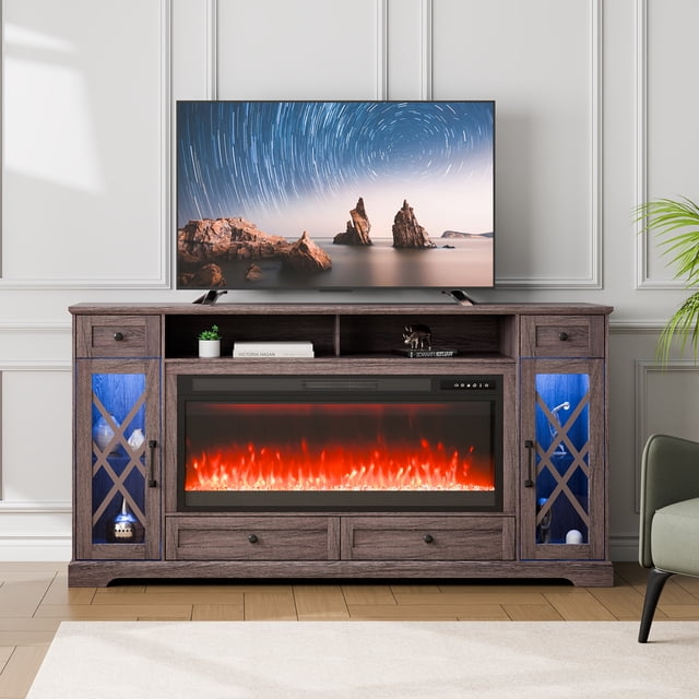 VEVOR Meuble TV avec Cheminée 80 Pouces avec 20 Lumières LED Télécommande et Minuterie Gris