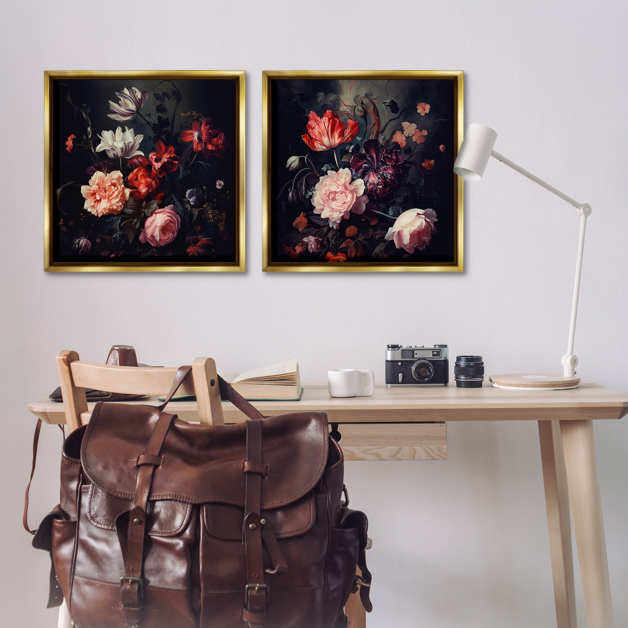 Stupell Industries Vintage Bouquet on Black Botanical & Floral Photography Gold Floater Framed Canvas Art Print Wall Art, 25 x 25, Set of 2