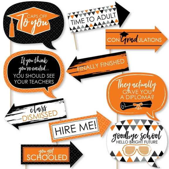 Big Dot of Happiness Funny Orange Graduation Party Photo Booth Props Kit - 10 Piece