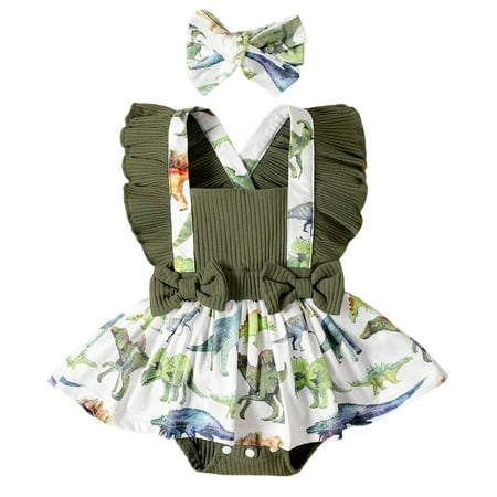 

Kids Girls Bodysuit Butterfly Sleeve Cartoon Dinosaur Printed Backless With Headbands Outdoor Sports Play Wear Soft Jumpsuits