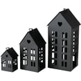 thumbnail image 3 of Main Street Town House Candle Lanterns, Set of 3, Vintage Style, Heart Details, Rustic Black, Metal, Corrugated Gabled Roof-tops, 13.75, 9.5, and 5 Inches Tall, 3 of 7