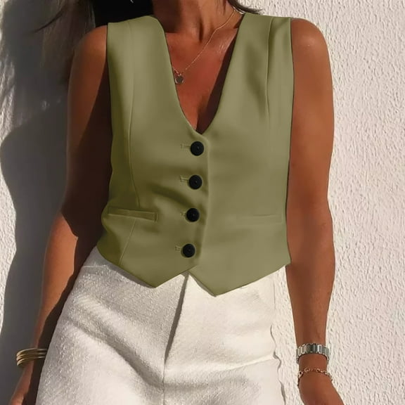 ZHENHONG Shacket Jackets for Women, Women's V Neck Buttons Vest Summer Elegant Sleeveless Breasted Outerwear Vests Female Casual WaistcoatJackets for Women