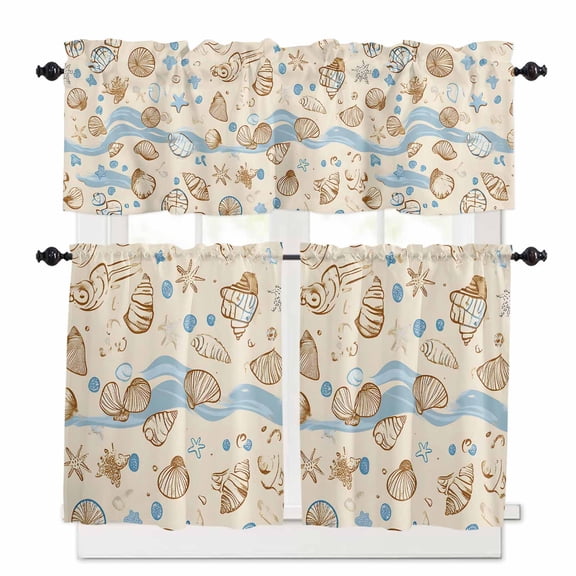 Vintage Shell Kitchen Curtains and Valances Set, Brown Conch Starfish Bubble Ocean Waves Rod Pocket Window Valance 18 Inch Window Curtain Panels for Living Room Bedroom Laundry, 27.5x36in, 3 Pieces