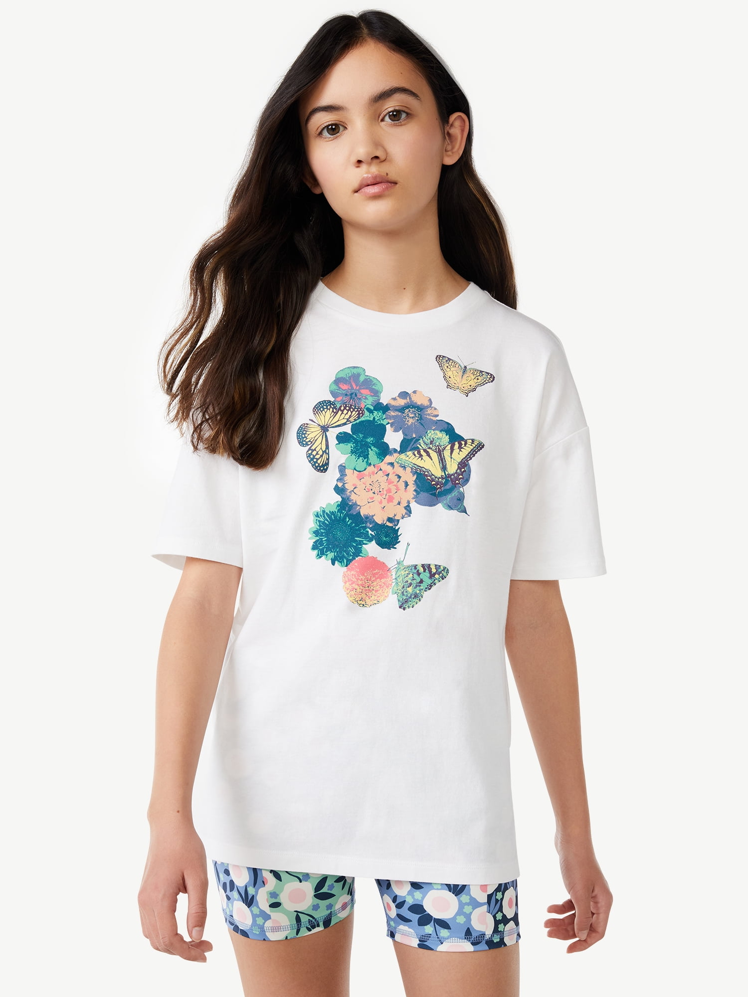 Free Assembly Girls Oversized Graphic Tee with Short Sleeves, Sizes 4-18