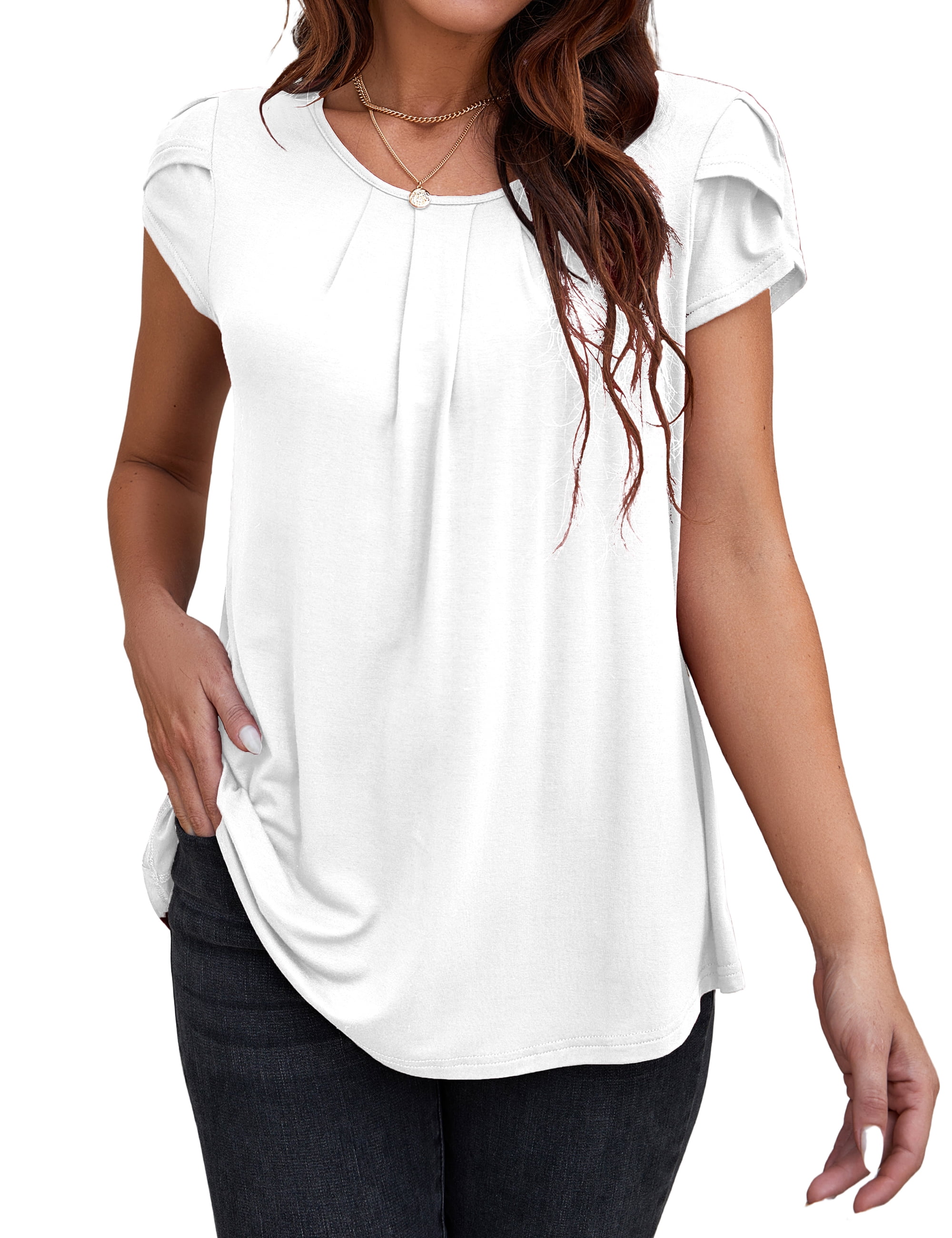 VOIANLIMO Plus Size Casual Summer White Tops for Women Petal Sleeve ...