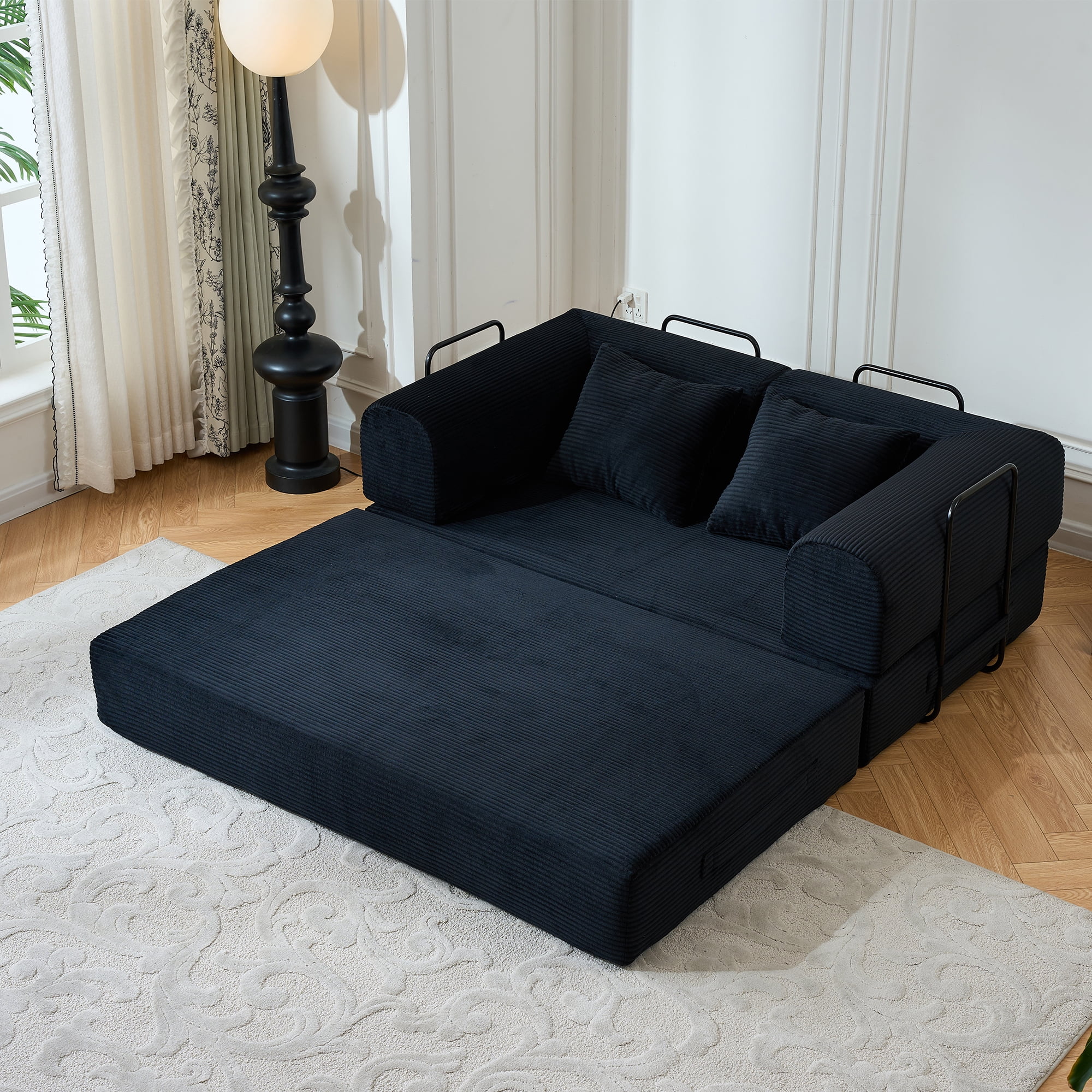 BSHTI 59" Casual Corduroy Convertible Sleeper Sofa Bed with Cylindrical Pillow, No Assembly, Small Space for Living Room（Gray）