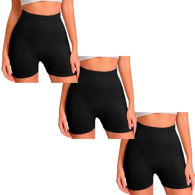 paquete de 3 short licra mujer, cintura alta, unitalla, pantalones cortos, deportivo, boxer, entrenamiento, biker — Tres shorts negros de licra con pretina alta, vista frontal centrada; ajuste ceñido tipo biker hasta mitad de muslo, textura elástica y no transparente, dobladillo liso y cintura alta que aporta control de abdomen; adecuados para entrenamiento, yoga, correr o uso diario; también suelen usarse como capa interior para ciclismo ligero.