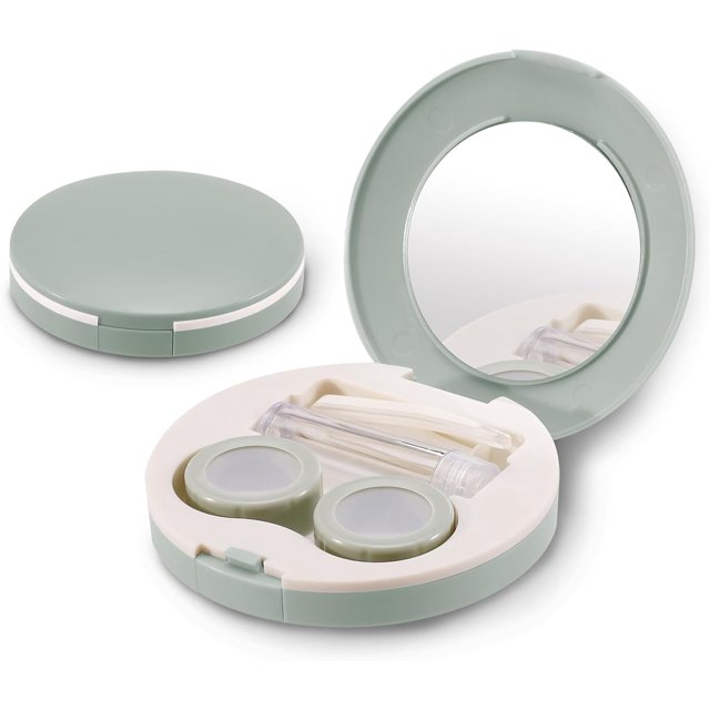 2 Pack Travel Contact Lens Case Kit, Portable Eye Contact Case with Mirror, Remover Tool, Tweezers & Solution Bottle, Lens Holder Box Container Storage for Outdoor Daily (Green)