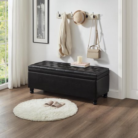 Faux Leather Upholstered Tufted Button Storage Bedroom Bench,Linen Fabric Storage Ottoman Bench for End of Bed with Solid Wood Leg,Living Room,Entryway,Black