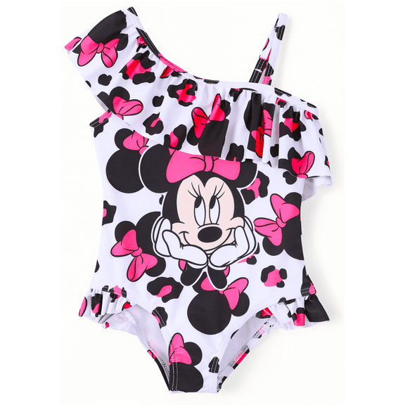 Disney Girls Swimsuit Minnie Mouse Graphic One Piece Ruffled One Shoulder Bathing Suits Sizes 3-10Y