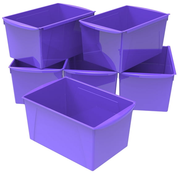 Storex Wide Plastic Book Bin, Paper Storage for Children, Purple, 6- pack