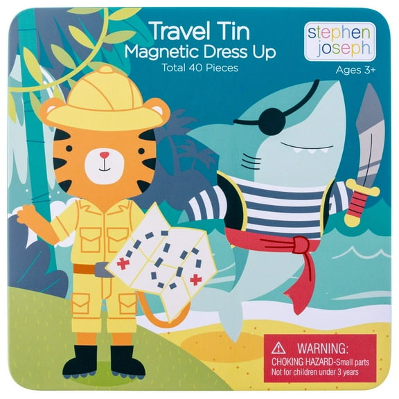 Stephen Joseph, Travel Tin Magnetic Dress Up, Shark and Tiger Small, 40 unique pieces