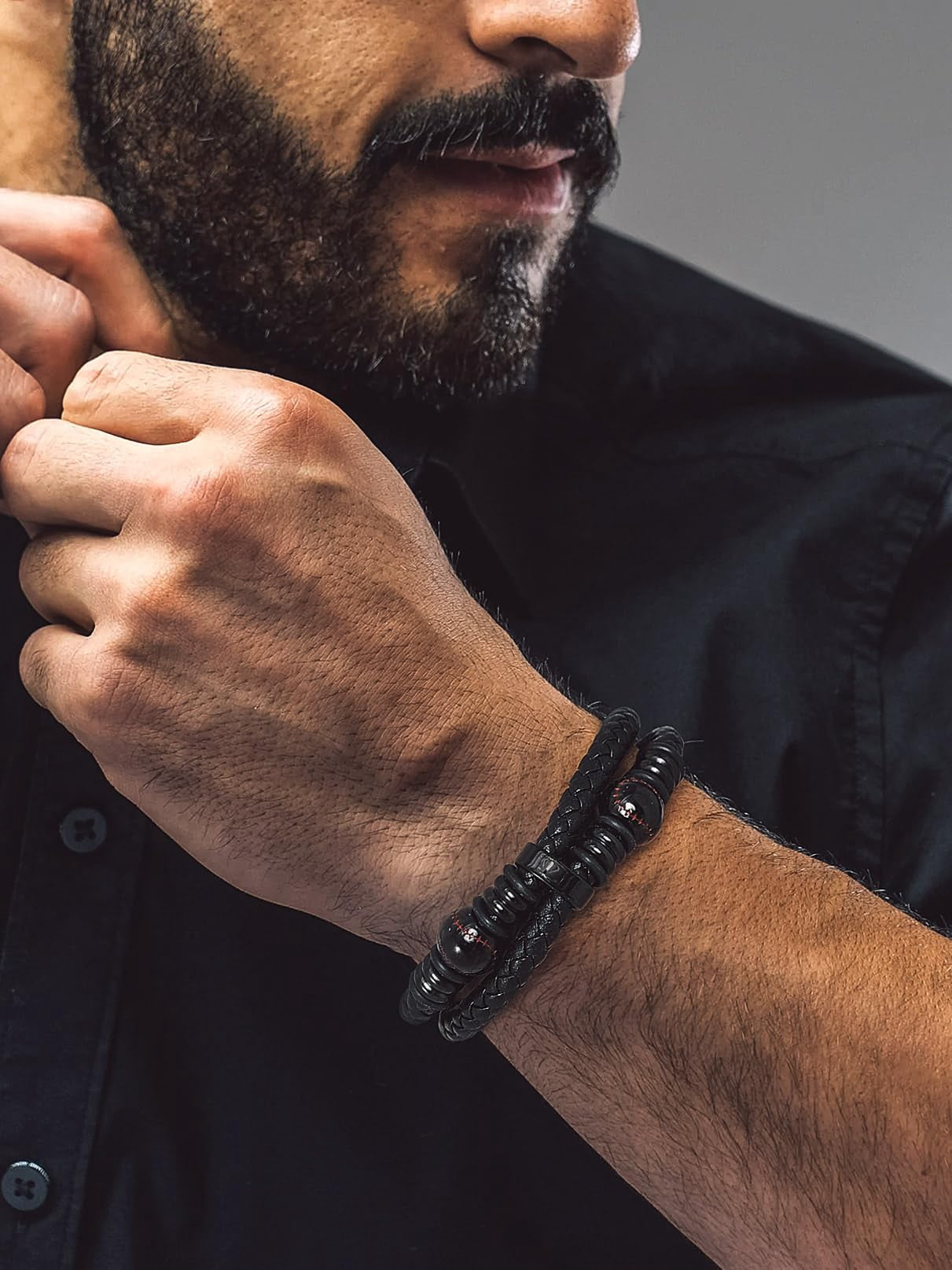 Bandmax Men's Stainless Steel Baseball Beaded Bracelet Double Leather Braided Bracelet Cool Black Wristband with Baseball Bead Charm for Men Boyfriend Husband Father Son