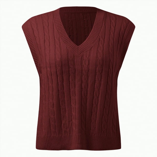 Splozh Ladies Sweaters for Fall Women Casual Print Sleeveless V Neck Ribbed Knit Split Pullover Sweater Vest Blouse Red,S