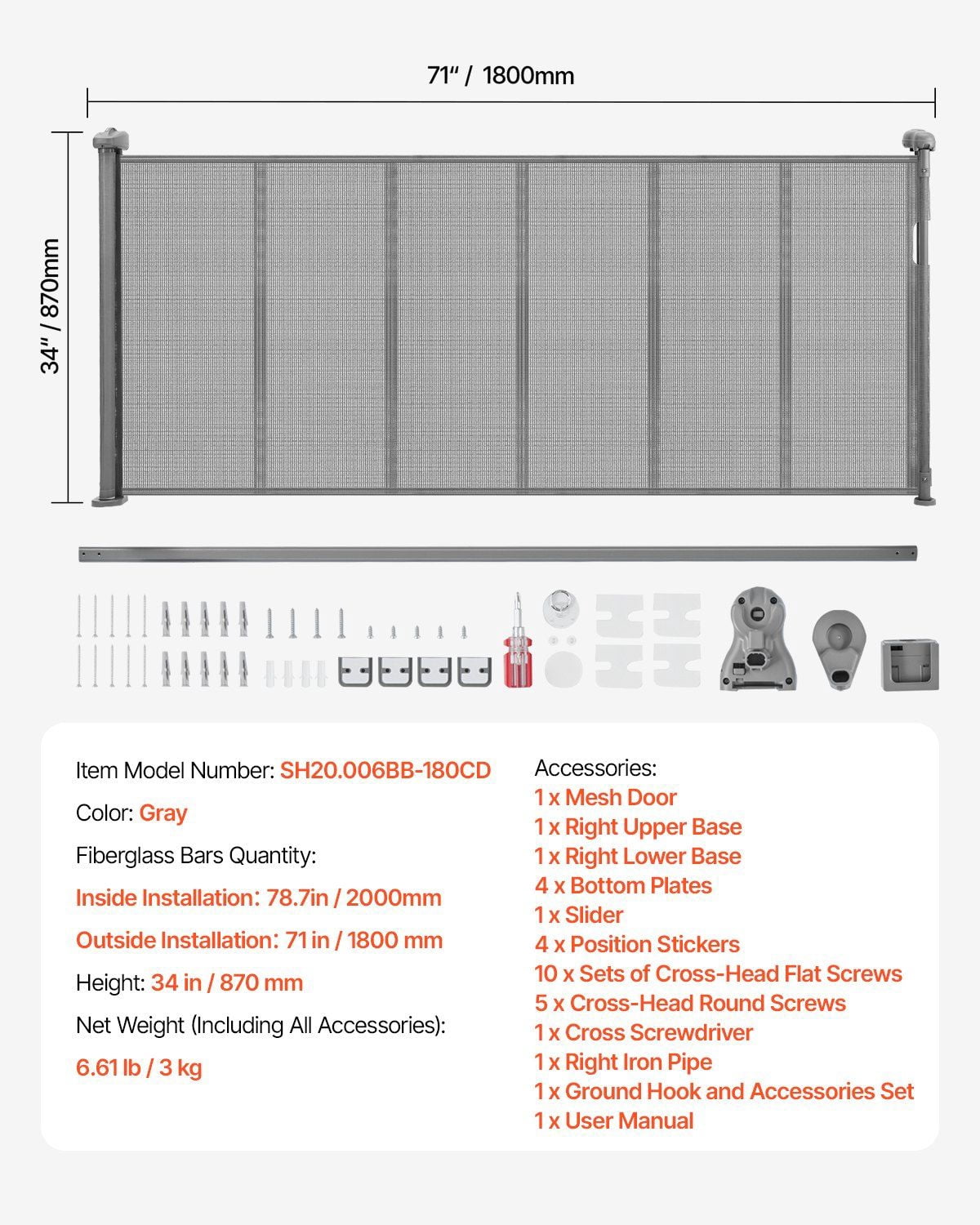 Retractable Baby & Pet Gate - 34 Inches High, Extends to 71 Inches Wide, Gray (Durable, Space-Saving Design)