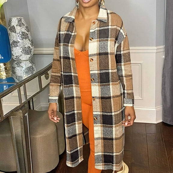 Women's Plaid Coat Winter Lapel Collar Button Front Long Sleeve Outerwear with Pockets