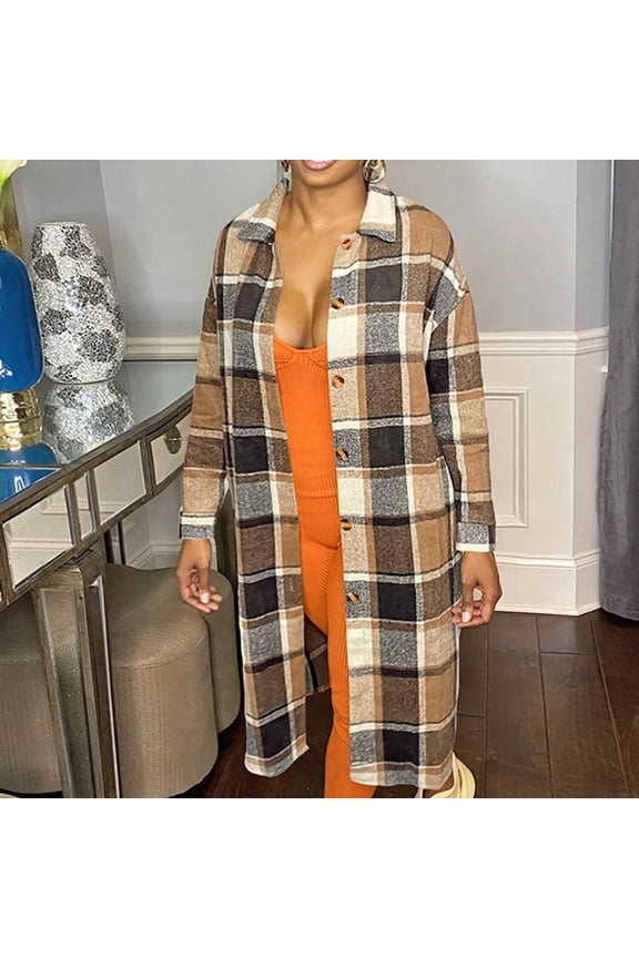 Women's Plaid Coat Winter Lapel Collar Button Front Long Sleeve Outerwear with Pockets