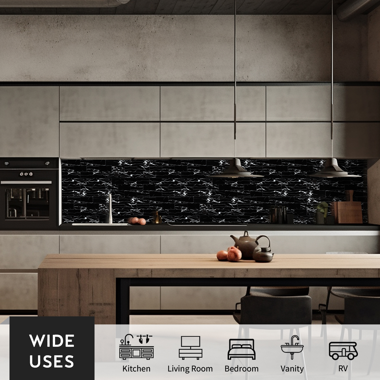 Black Peel and Stick Backsplash Tiles, 12" x 12" Faux Marble Stone Stick on Subway Tile for Kitchen Bathroom  (6 Sheets)