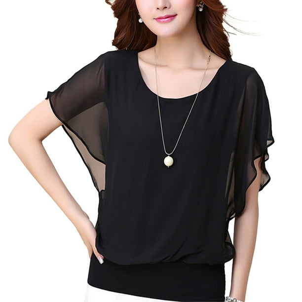 Qarigey Camiseta de gasa para mujer a la moda, camiseta informal de manga corta, blusa informal de verano Prendas para la parte del cuerpo Negro S