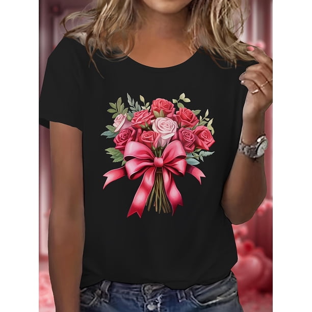 Valentine'S Day Floral Applique Women'S Short Sleeve T-Shirt, Casual Crew Neck, Polyester Knit Fabric, Regular Length, with Rose Bouquet Graphic Print, for Summer Wear - 1206