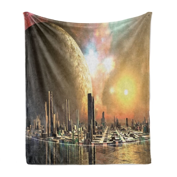 Cityscape Soft Flannel Fleece Throw Blanket, Utopia Islands Floating Future Cities Imaginary Fantasy Artwork Futuristic, Cozy Plush for Indoor and Outdoor Use, 50" x 70", Yellow Peach, by Ambesonne