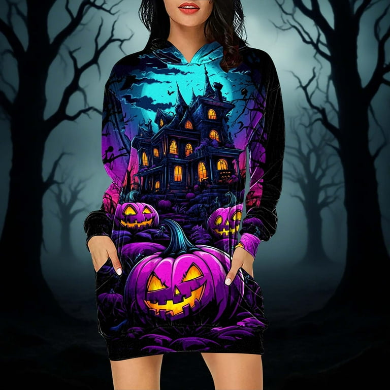Taqqpue Halloween Print Hoodie Dress for Women Fashion Ghost Pumpkin Witch  Mini Dresses Long Sleeve Outfit Cosplay Party Dress with Pockets -  Walmart.com
