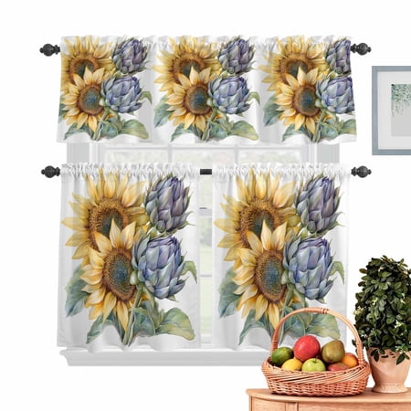 Summer Sunflowers Kitchen Curtains Valances 3 Piece Set Vintage Plant Yellow Flower Watercolor Rod Pocket Tier Curtain and Valance Drapes for Small Window 24 Inch Length for Bedroom Cafe