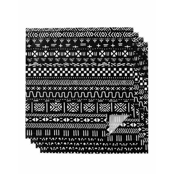 Abstract Boho Cloth Napkins Set of 4 Reusable Dinner Napkins, Modern African Ethnic Geometric Black Cocktail Napkin Washable Table Napkins for Wedding/Holiday Party/Baby Shower 20"x20"