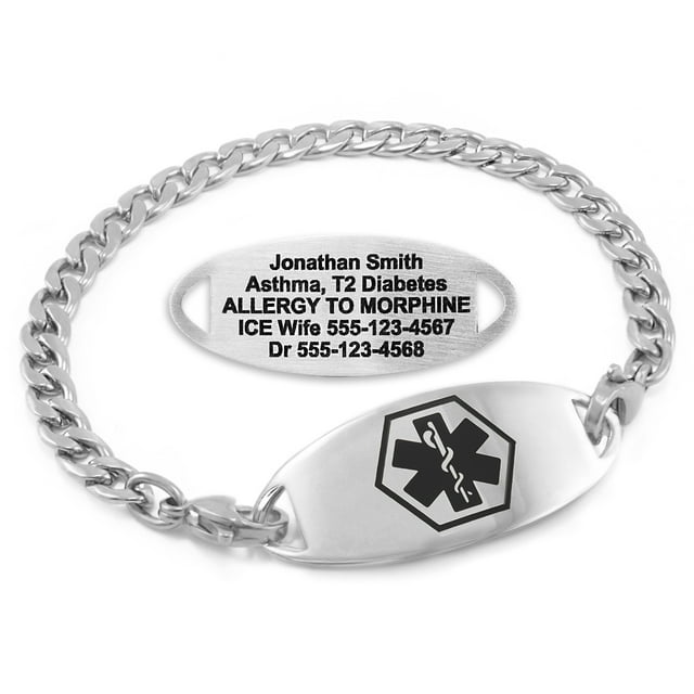 MedicEngraved Bracelet d'Alerte Médicale Personnalisé en Acier Inoxydable - Maillon Gourmette 5 mm