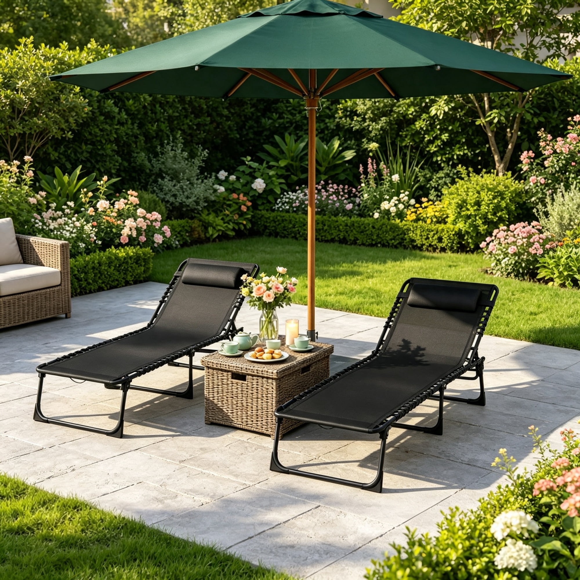 2 Folding Chaise Lounge Pool Chairs, for Poolside Tanning, Pillow, Breathable Mesh, Black