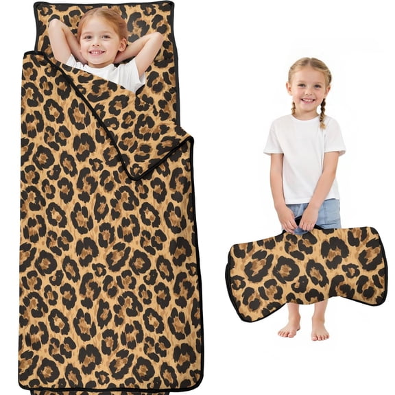 Black and Beige Leopard Print Teens Toddler Nap Mat with Pillow, Sleeping Mat Bag for Preschool Daycare 59"x22"