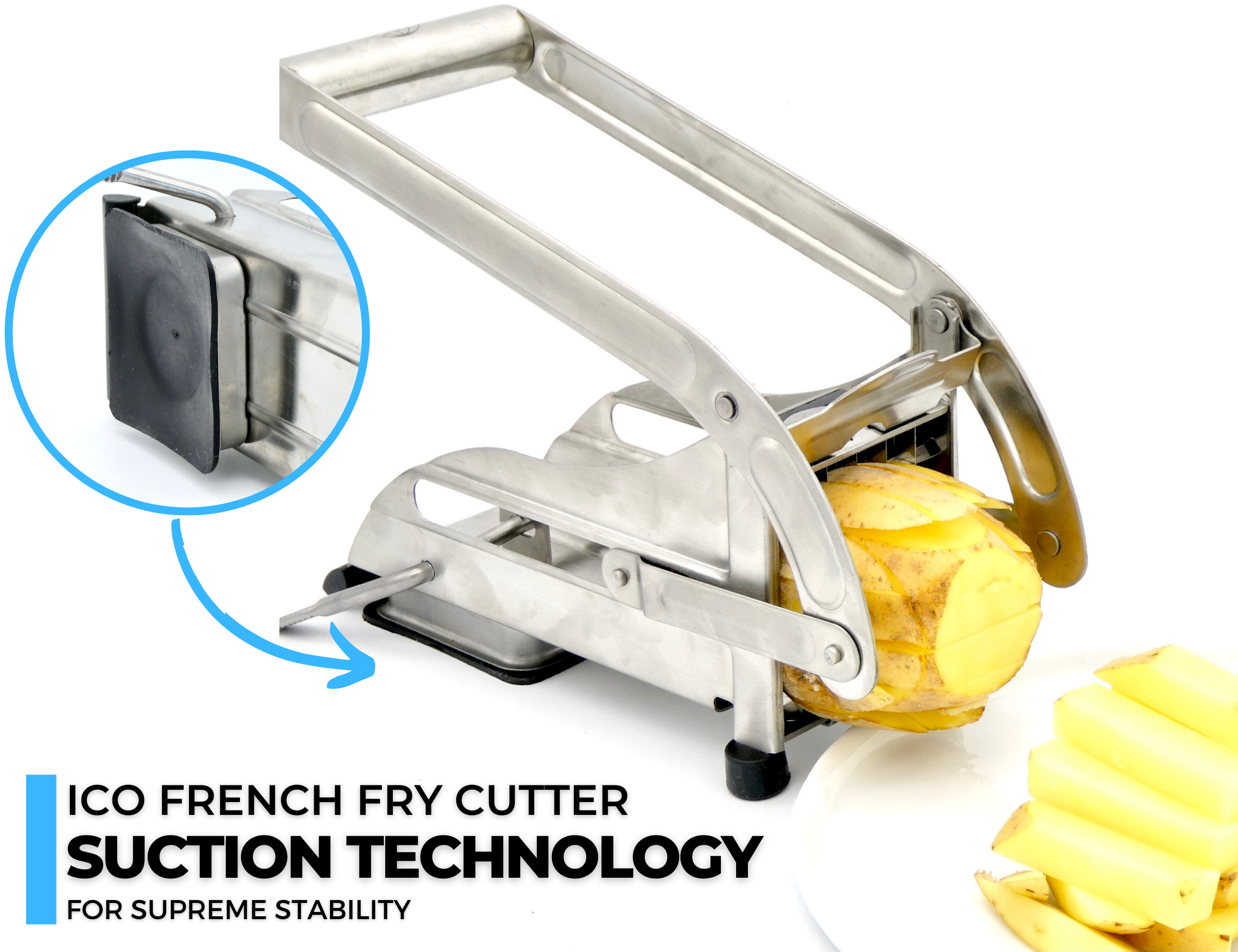 ICO French Fry Cutter, Professional Potato Slicer, 1/2 and 1/3-Inch Blades,  No-Slip Suction Technology, Vegetable Chopper, Air Frier Accessory, Keto  Friendly Zucchini Fries Maker, Stainless Steel