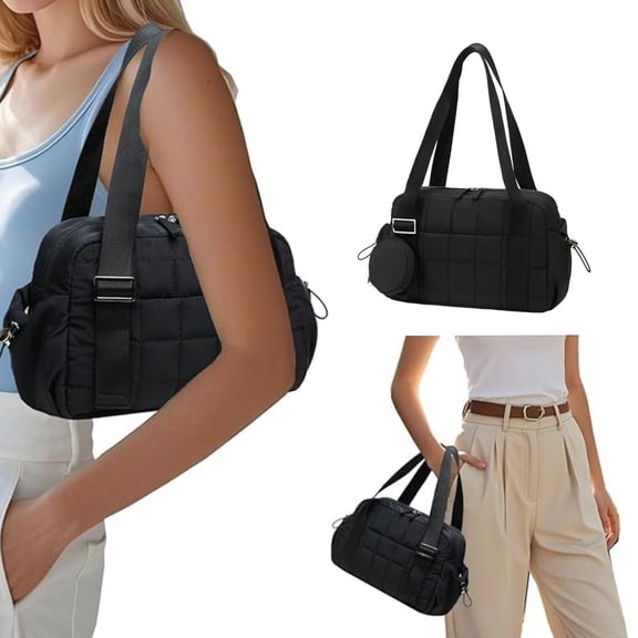 Crossbody Shoulder Bag for Women, Trendy Polyester Bag with Detachable Pendant Pouch, Spacious for Tablet & Essentials, Beige Black Commute Travel Everyday Use