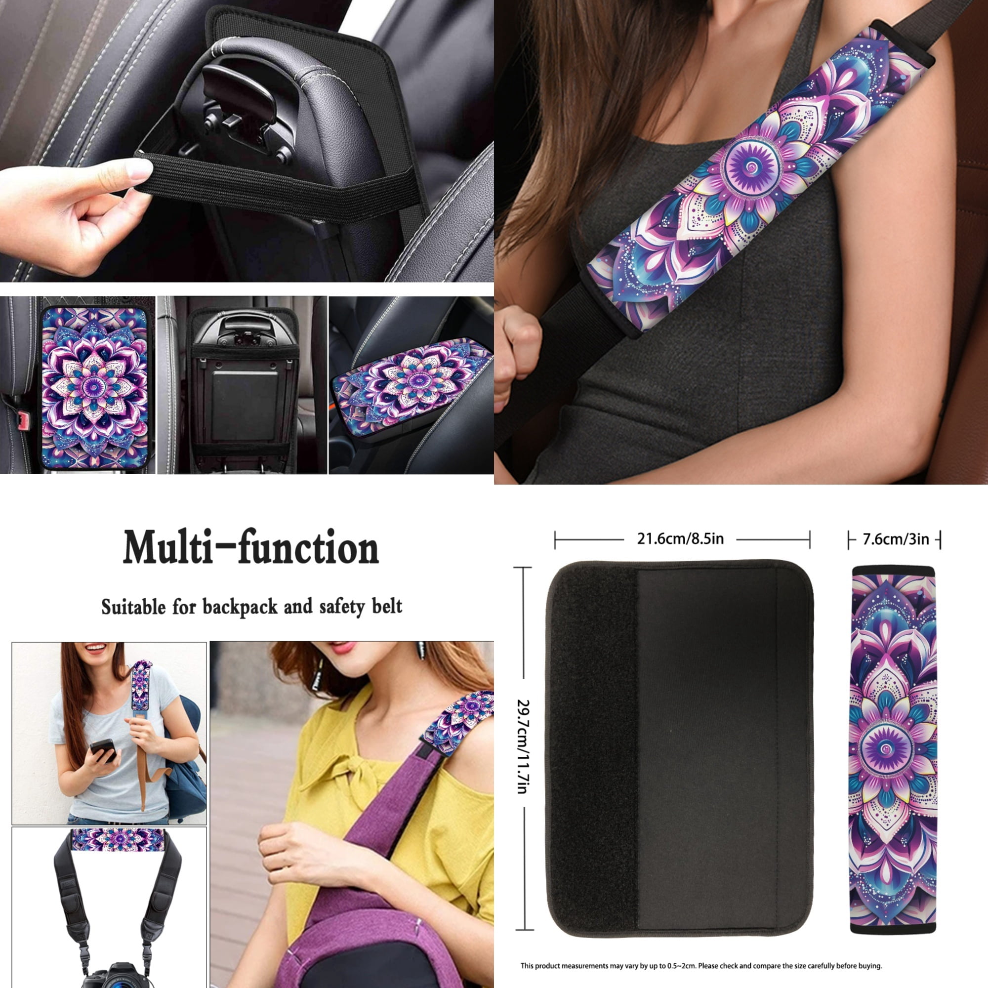 Jeiento Boho Mandala Flower Car Seat Accessories Set 13 Pcs, Car Seat Covers Full Set, Universal Steering Wheel Covers, Console Cover, Seat Belt Shoulder Pads, Cup Coasters, Purple Auto Decor