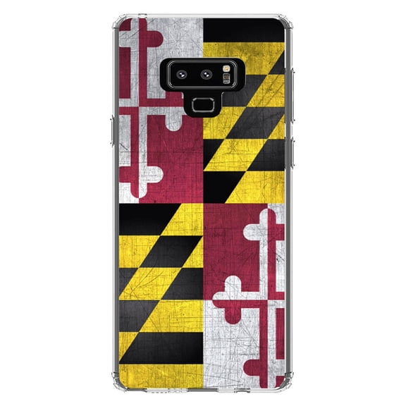 DistinctInk Clear Shockproof Hybrid Case for Samsung Galaxy Note 9 - TPU Bumper, Acrylic Back, Tempered Glass Screen Protector - Old Weather Maryland Flag - Maryland