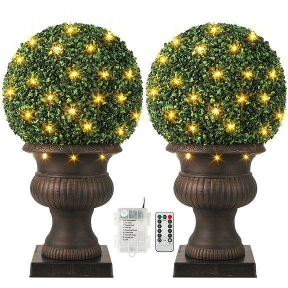 20” Artificial Plant Topiary Ball, Pre-Lit Artificial Topiary Plant with 50 Lights, Timer and Remote Control, Artificial Outdoor Porch Trees with Sturdy Pot for Outdoor Indoor，Red Urn Base 2 pcs