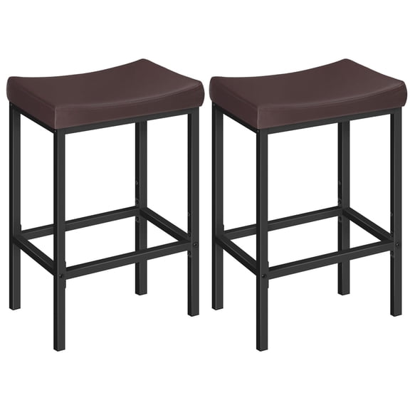 Brown Black Bar Stools Set Of 2, Counter Height Saddle Stools With Curved Upholstered Seat, Metal Frame