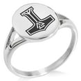 thumbnail image 1 of Stainless Steel Valknut Mjolnir Thor's Hammer Minimalist Oval Top Polished Statement Signet Ring, 1 of 1