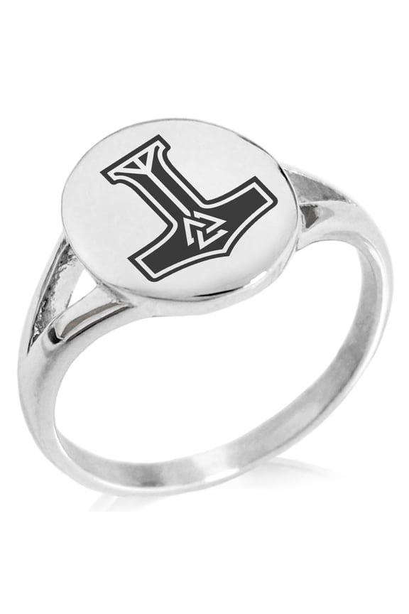 Stainless Steel Valknut Mjolnir Thor's Hammer Minimalist Oval Top Polished Statement Signet Ring