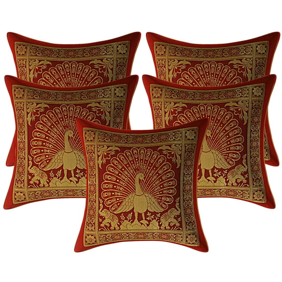 Stylo Culture Indian Decorative Brocade Red And Gold Throw Pillow Covers 12x12 Jacquard Weave Banarsi Sofa Throw Pillow Slipcovers Dancing Peacock Floral 30x30 cm Cushion Covers (Set Of 5)