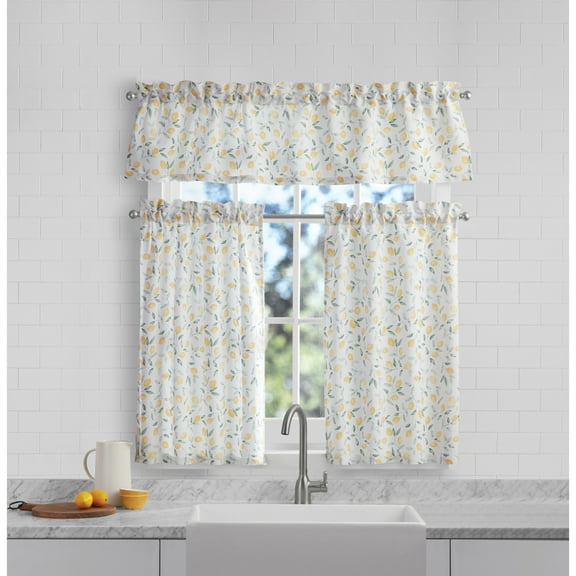 Mainstays 3 Piece Printed Tiers and Valance Set - Lemons and Leaves Yellow, Recycled Polyester, BCI Cotton, 56"W x 14"L, Indoor Curtain, Adult