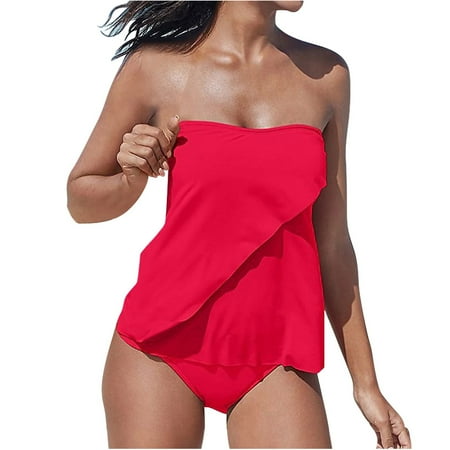 Penkiiy Two Piece Tankini Bathing Suits for Women Swimsuit Bandeau Top Swimwear with Bikini Bottom 3XL Red