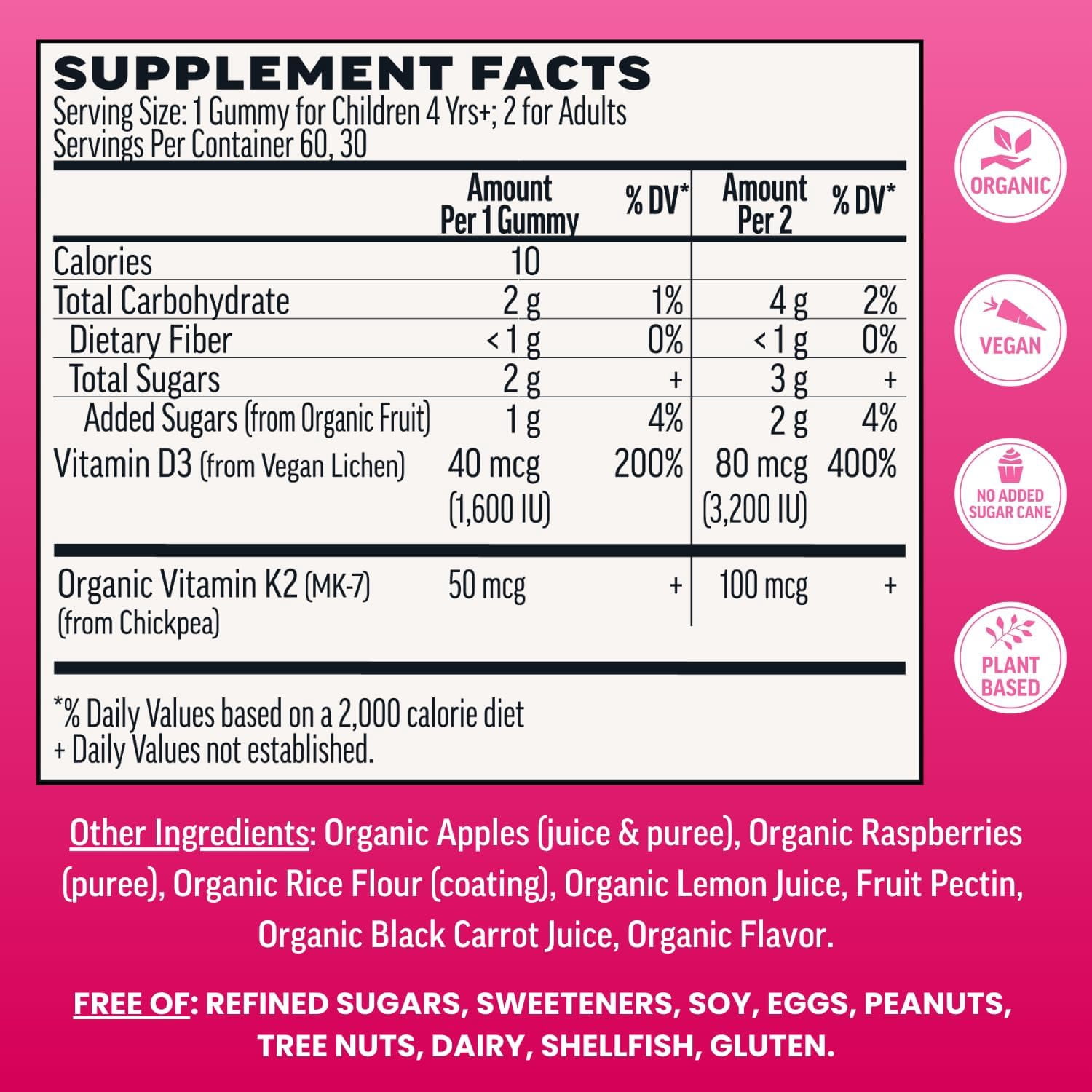 Llama Naturals Vitamin D3, Vegan, Organic Immune Support Supplement, Vitamin D Gummies for Adults and Kids, Real Fruit Gummy Vitamins, Promotes Bone Health, No Added Sugar Cane, Raspberry, 60 Ct