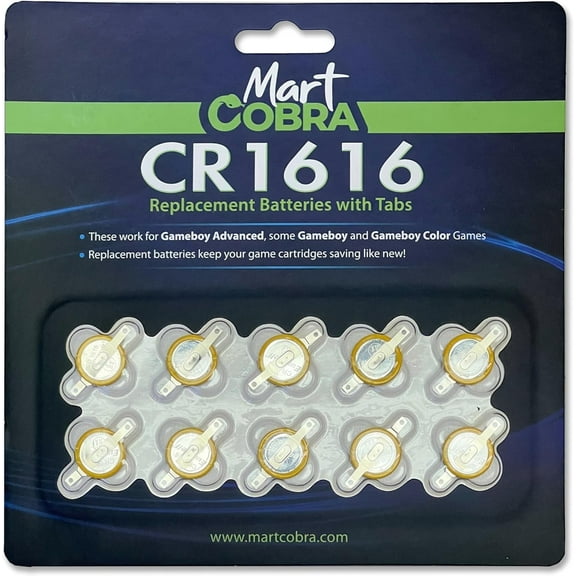 Mart Cobra Tabbed CR1616 3V Lithium Coin Battery Pack – 10-Pack Replacement Batteries with Solder Tabs for Gameboy Advance, Gameboy SP & Retro Game Cartridge Save Battery Power